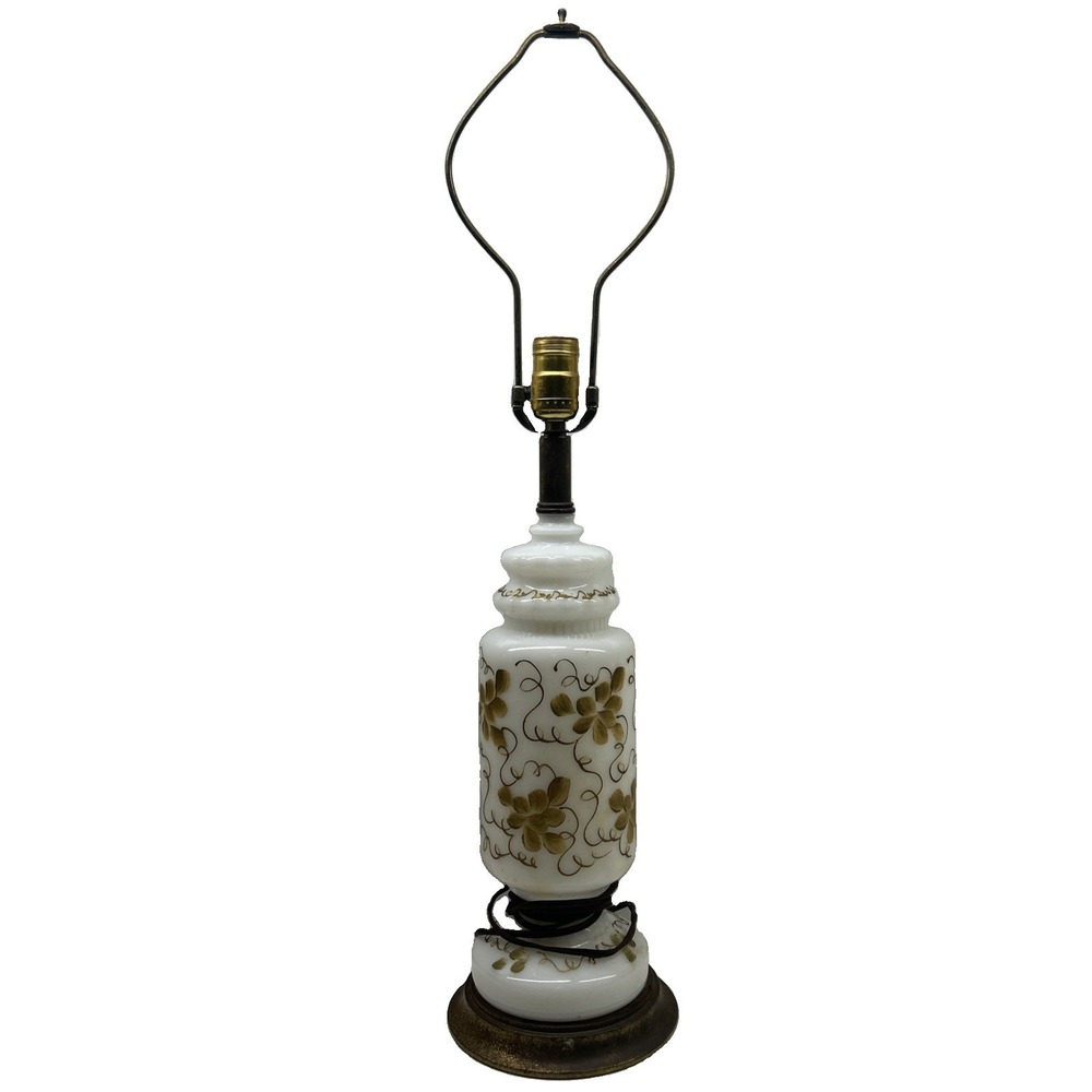 Vintage‎ White Milk Glass Table Lamp Gold Floral Brass Base Cottage Decor